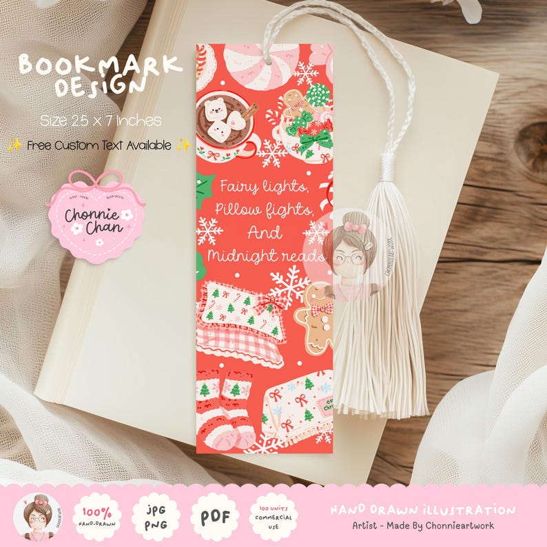 May include: A rectangular bookmark with a red background featuring illustrations of hot cocoa, gingerbread cookies, pillows, and socks. The text reads: Fairy lights, Pillow fights, And Midnight reads. It includes a white tassel at the top.