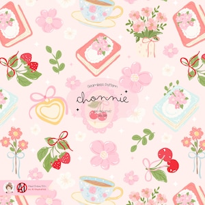 Patrón floral cottagecore sin costuras / Diseño vintage de fresas y cerezas / Papel digital con bonitas tazas de té, libros y flores / Sublimación e impresión