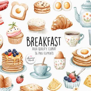 Clipart de café da manhã em aquarela, clipart de café da manhã, clipart de brunch, clipart de comida, clipart de restaurante, clipart de menu