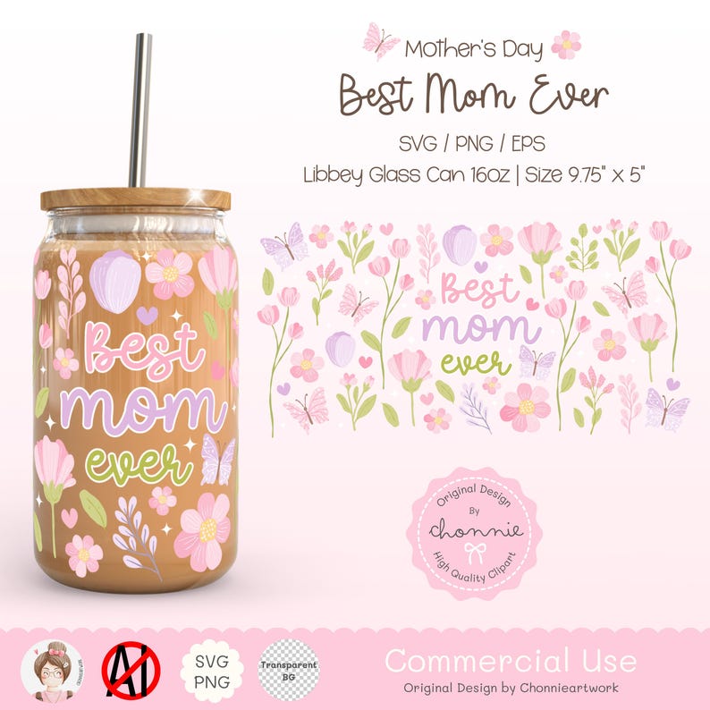 Puede incluir: Un dise&ntilde;o floral rosa y verde con el texto "Best Mom Ever" sobre un fondo blanco. El dise&ntilde;o incluye mariposas, flores y hojas. El dise&ntilde;o es perfecto para un regalo del D&iacute;a de la Madre.