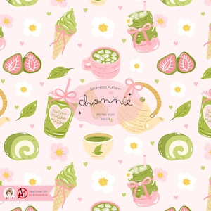 Matcha Grüner Tee Nahtloses Muster, Matcha-Liebhaber Kawaii Dessert und Getränk, niedliches Matcha-Reapeat-Muster, japanische Süßigkeiten, digitales Papier