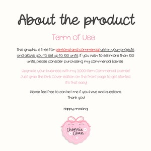 May include: A light pink graphic with the text "About the product" and "Term of Use". The text explains the graphic is free for personal and commercial use, allowing sales up to 100 units. A pink heart-shaped logo with the text "Chonnie Chan" is at the bottom.
