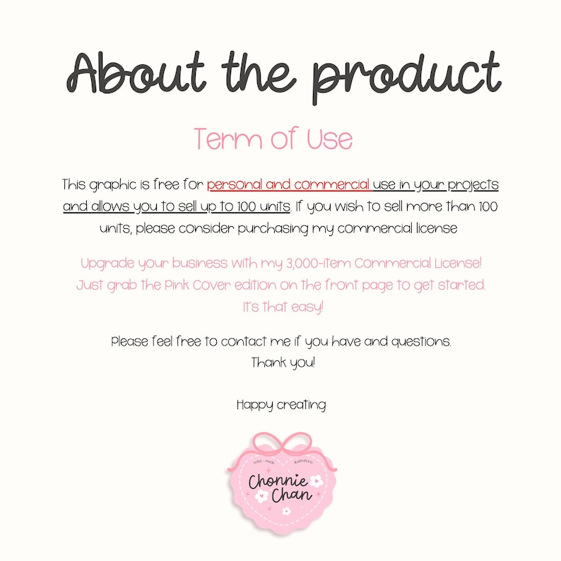 May include: A light pink graphic with the text "About the product" and "Term of Use". The text explains the graphic is free for personal and commercial use, allowing sales up to 100 units. A pink heart-shaped logo with the text "Chonnie Chan" is at the bottom.
