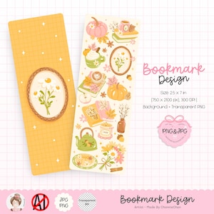 May include: Two decorative bookmarks with autumn-themed illustrations. One bookmark is yellow with a floral oval design. The other bookmark features pumpkins, books, and fall foliage. The text "Bookmark Design" is visible.