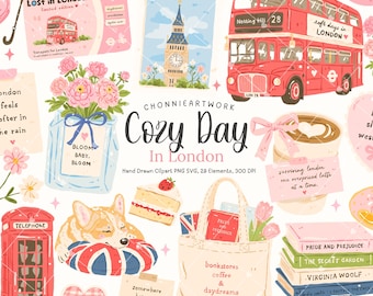 May include: A digital illustration featuring London-themed elements. Includes a red double-decker bus, Big Ben, a telephone booth, floral arrangements, and the text "Cozy Day In London". The artwork has a soft, pastel color palette.