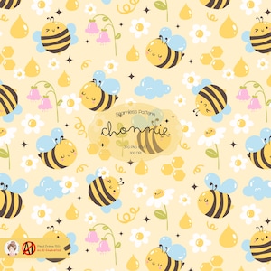 Könnte beinhalten: Ein nahtloses Muster mit niedlichen Cartoon-Bienen mit gelben und schwarzen Streifen, die auf einem gelben Hintergrund mit weißen Blumen, blauen Wolken, Honigwaben und gelben Honigtropfen fliegen. Der Text "Seamless Pattern chonnie JPG PNG 10X10 300 DPI" befindet sich in der Mitte des Bildes.