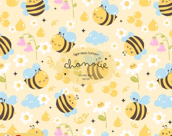 Patrón sin costuras de abeja de miel, lindo abejorro, papel digital, margarita floral, fondo de panal, estética pastel, clipart de abeja para sublimación