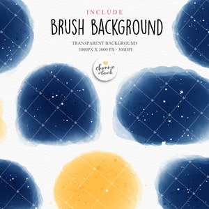 Puede incluir: Un conjunto de pinceladas de acuarela azul y amarillo sobre un fondo blanco. Las pinceladas tienen forma de c&iacute;rculos y est&aacute;n dispuestas en un patr&oacute;n aleatorio. La imagen incluye el texto "INCLUDE BRUSH BACKGROUND TRANSPARENT BACKGROUND 3000PX X 3000PX - 300DPI Channie artwork".