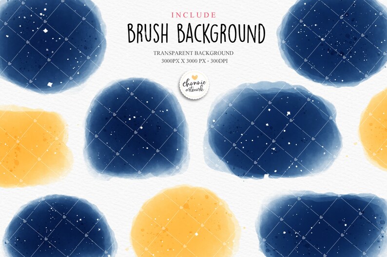 Puede incluir: Un conjunto de pinceladas de acuarela azul y amarillo sobre un fondo blanco. Las pinceladas tienen forma de c&iacute;rculos y est&aacute;n dispuestas en un patr&oacute;n aleatorio. La imagen incluye el texto "INCLUDE BRUSH BACKGROUND TRANSPARENT BACKGROUND 3000PX X 3000PX - 300DPI Channie artwork".