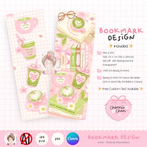 Puede incluir: Un diseño de marcapáginas digital con ilustraciones temáticas de matcha. El diseño incluye tazas rosas, arte latte y el texto "Matcha Lover" y "Matcha Latte Club". El diseño también incluye el texto "Just a Matcha Girlie" y "Bookmark Design".