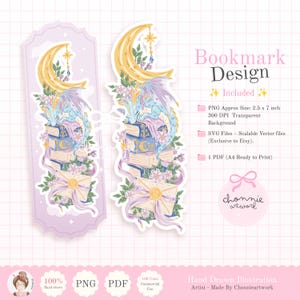 May include: Two digital bookmark designs featuring a light blue dragon perched on a stack of books with a yellow crescent moon, flowers, and a sealed envelope. Text includes Bookmark Design, PNG Approx Size: 2.5 x 7 inch, and SVG Files.