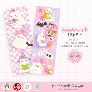 May include: Two decorative bookmarks with ghost illustrations. One bookmark has a pink and white checkered background, the other has a purple background. The ghosts are wearing hats and reading books. The text "Bookmark Design" is visible.