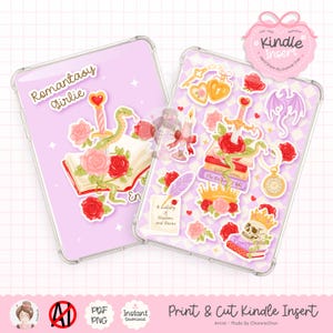 May include: Two Kindle inserts with a romantic fantasy theme. One features a snake, sword, and roses on a book. The other has a crown, skull, and other fantasy elements. The inserts are on a light purple background.