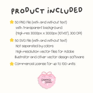 Puede incluir: Imagen que enumera los detalles del producto. El texto dice "PRODUCT INCLUDED" seguido de detalles sobre 50 archivos PNG y 50 archivos SVG, incluida la resoluci&oacute;n y la informaci&oacute;n de la licencia comercial. Un logotipo en forma de coraz&oacute;n rosa con el texto "Chonnie Chan" est&aacute; en la parte inferior.