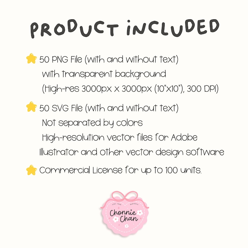 Puede incluir: Imagen que enumera los detalles del producto. El texto dice "PRODUCT INCLUDED" seguido de detalles sobre 50 archivos PNG y 50 archivos SVG, incluida la resoluci&oacute;n y la informaci&oacute;n de la licencia comercial. Un logotipo en forma de coraz&oacute;n rosa con el texto "Chonnie Chan" est&aacute; en la parte inferior.