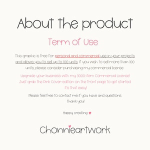 May include: A light beige graphic with the text "About the product" and "Term of Use" in a handwritten font. The text explains the terms of use for the graphic, including personal and commercial use.