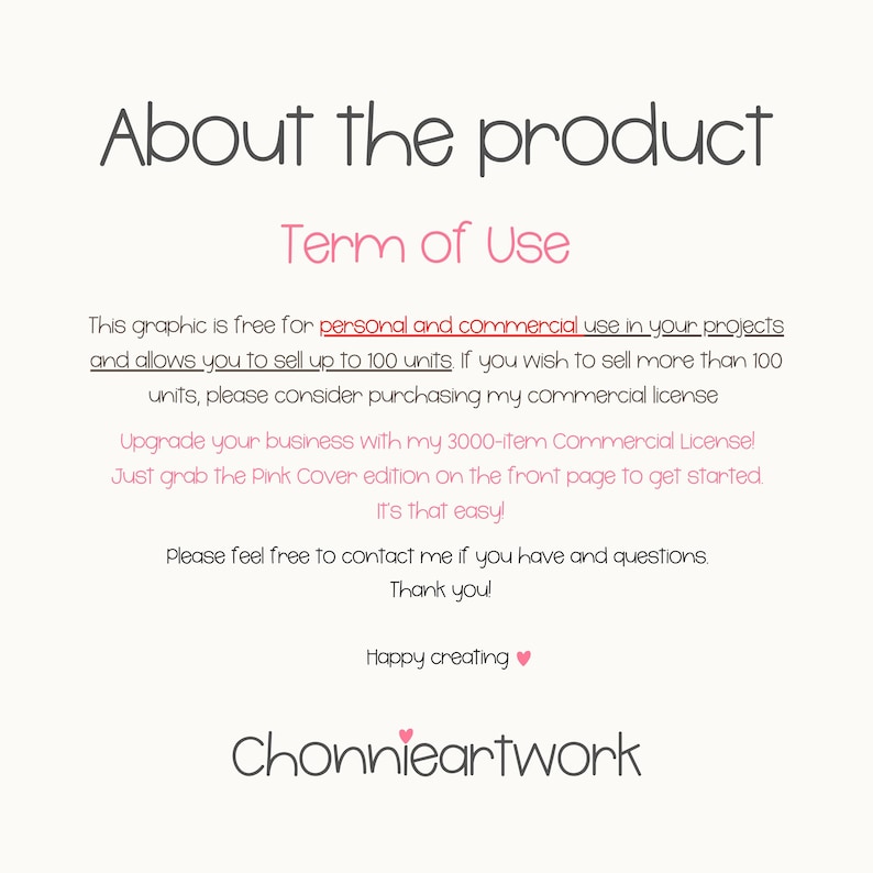May include: A light beige graphic with the text "About the product" and "Term of Use" in a handwritten font. The text explains the terms of use for the graphic, including personal and commercial use.