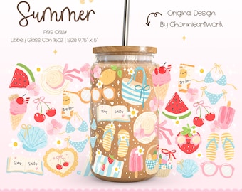 May include: A digital design featuring a glass jar with a straw and a summer theme. The jar is filled with various summer-themed illustrations, including cherries, watermelon, sunglasses, flip-flops, and a beach bag. The text "Stay Salty Summer" is featured at the top of the design.