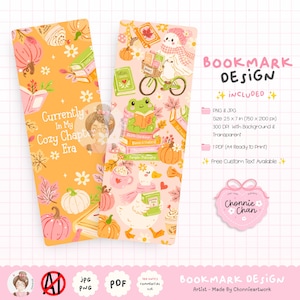 May include: Two vertical bookmarks featuring autumn-themed illustrations of pumpkins, books, a ghost on a bicycle, a frog, and a duck. The left bookmark displays the text Currently In My Cozy Chapter Era. The right side lists file formats and sizes.