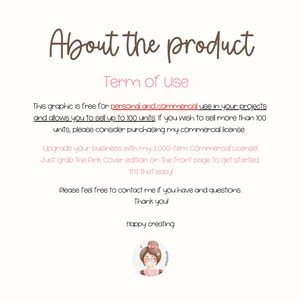 May include: A digital graphic with text that reads "About the product" and "Term of Use". The text explains the graphic's usage rights, including personal and commercial use, and selling up to 100 units. A cartoon image of a woman is at the bottom.