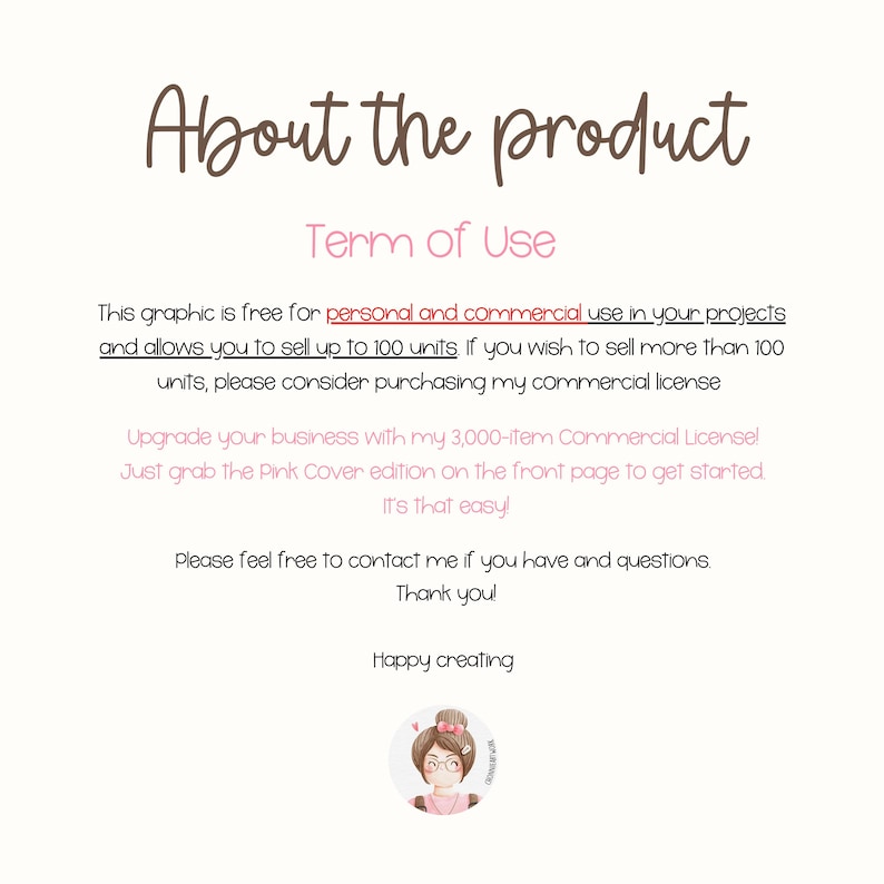 May include: A digital graphic with text that reads "About the product" and "Term of Use". The text explains the graphic's usage rights, including personal and commercial use, and selling up to 100 units. A cartoon image of a woman is at the bottom.
