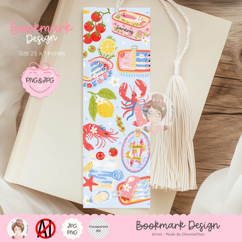 May include: A decorative bookmark featuring a seafood theme with illustrations of sardines, lobster, shrimp, lemons, and tomatoes. The bookmark is 25 inches long and 7 inches wide, with a tassel attached. The text "Bookmark Design" is visible.