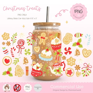 May include: A Libbey glass can with a wooden lid and a stainless steel straw. The can is decorated with Christmas-themed illustrations, including gingerbread men, cookies, and a teapot. The text "Christmas treats" is at the top.