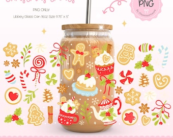 May include: A Libbey glass can with a wooden lid and a stainless steel straw. The can is decorated with Christmas-themed illustrations, including gingerbread men, cookies, and a teapot. The text "Christmas treats" is at the top.