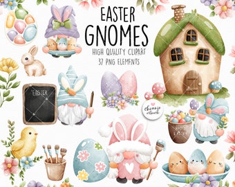 Easter gnome clipart, Easter clipart, Gnome clipart, Gnome rabbit clipart, Easter egg clipart, Happy Easter