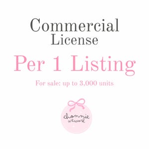 May include: A digital graphic displaying the text Commercial License in dark grey, Per 1 Listing in pink, and For sale: up to 3,000 units in light pink. At the bottom is a pink circular logo with a bow and the text chonnie artwork.