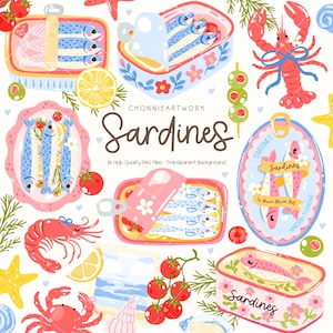 Puede incluir: Una ilustraci&oacute;n caprichosa con varias latas de sardinas, mariscos y guarniciones. La imagen incluye latas de sardinas abiertas y cerradas, una langosta, camarones, tomates, aceitunas y rodajas de lim&oacute;n. La palabra "Sardines" se muestra de forma destacada.