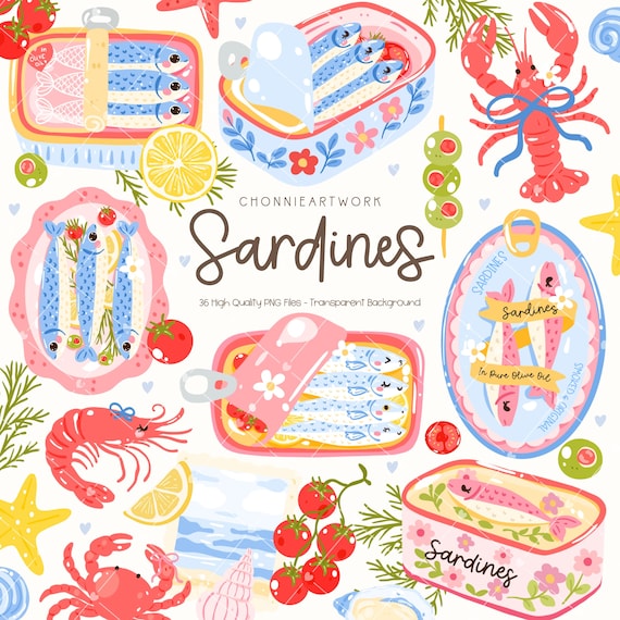 Fisherman Aesthetic Sardines Clipart Set,Cute Sardines Can,Girly Summer,Tinned Fish Bow, Coastal Nautical Summer,Trendy Ocean Beach Vibes