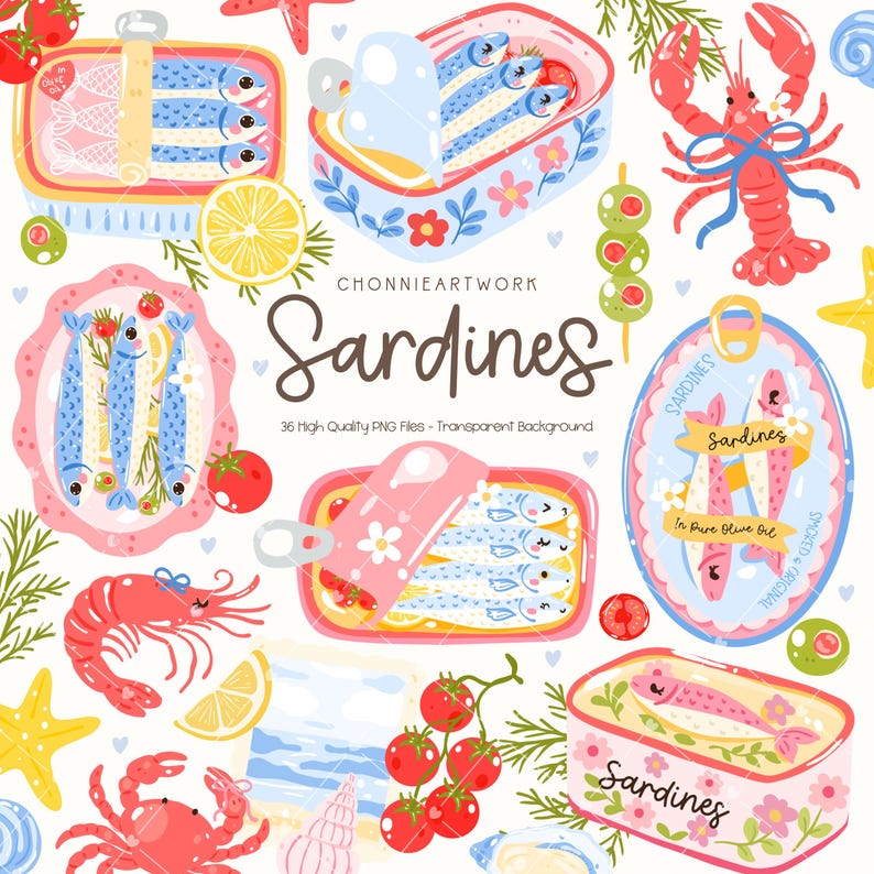 Puede incluir: Una ilustraci&oacute;n caprichosa con varias latas de sardinas, mariscos y guarniciones. La imagen incluye latas de sardinas abiertas y cerradas, una langosta, camarones, tomates, aceitunas y rodajas de lim&oacute;n. La palabra "Sardines" se muestra de forma destacada.