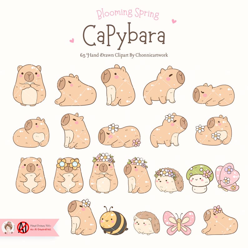 May include: A collection of 65 hand-drawn capybara clip art illustrations in various poses, with floral and insect accents. The text "Blooming Spring" and "Capybara" are displayed at the top.