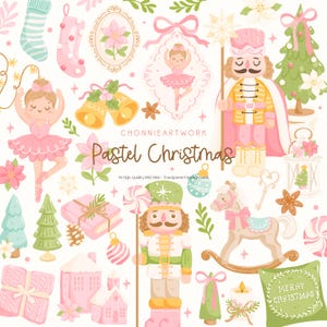 Puede incluir: Una colección de ilustraciones navideñas en tonos pastel. La imagen presenta varios elementos, como una bailarina, cascanueces, árboles de Navidad, adornos y cajas de regalo. El texto "Pastel Christmas" se muestra de forma destacada, con texto adicional.