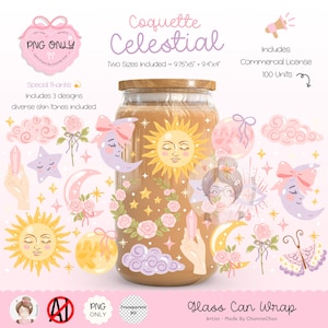 Puede incluir: Un diseño de envoltura de lata de vidrio con ilustraciones celestiales. El diseño incluye un sol, una luna, estrellas, nubes y rosas en colores pastel suaves. El texto "Coquette Celestial" se muestra en la parte superior, con las dimensiones de 24,77cm x 12,7cm y 23,88cm x 10,16cm.
