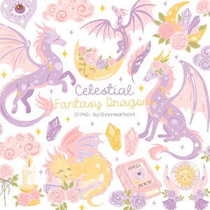 Può includere: Una collezione di illustrazioni fantasiose con draghi celesti in tonalità pastello. Le immagini includono draghi, lune, cristalli, rose, nuvole e un libro degli incantesimi. Il testo recita "Celestial Fantasy Dragons" e "27 PNG - By Chonnieartwork".