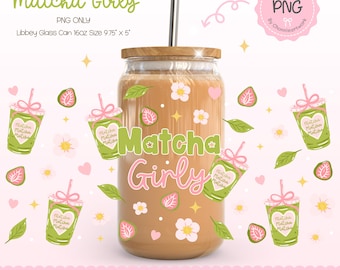 Matcha Girly Glass Can Wrap PNG, Kawaii Matcha Cup Wrap, Matcha Lovers Gift, Cute Pastel Cafe Aesthetic, Matcha Latte Girly Wrap