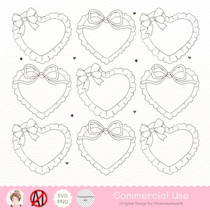 May include: Nine heart-shaped frames with a bow at the top and a ruffled edge. The frames are outlined in brown and are suitable for various craft projects. The image also includes the text "Commercial Use".
