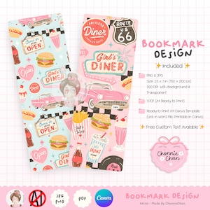 Op de afbeelding: Twee bladwijzers met een retro diner-thema. De ene is lichtblauw, de andere roze. Beide bevatten illustraties van klassieke auto's, hamburgers, frietjes, milkshakes en de tekst "Girl's Diner" en "American Diner".