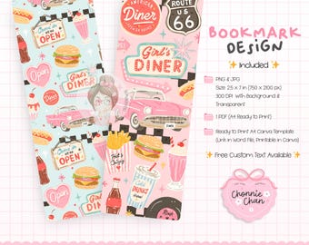 Retro American Diner Lesezeichen, Pinkes Auto, Milchshake, Burger (Digitaler Download)
