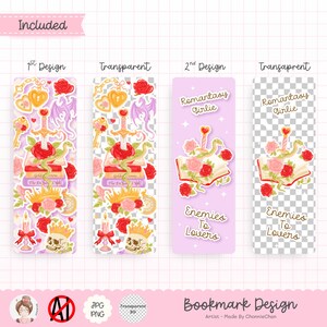 May include: A set of bookmark designs featuring romantic fantasy themes. Designs include swords, roses, crowns, and the text "Romantasy Girlie" and "Enemies to Lovers". The designs are in pink, gold, and red.