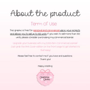 May include: A light pink graphic with the text "About the product" in a handwritten style. The text below details the terms of use, including personal and commercial use, and a limit of 100 units. A pink logo with the name "Chonnie Chan" is at the bottom.