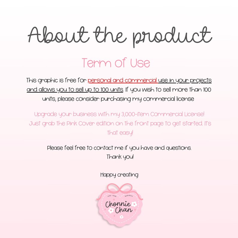 May include: A light pink graphic with the text "About the product" in a handwritten style. The text below details the terms of use, including personal and commercial use, and a limit of 100 units. A pink logo with the name "Chonnie Chan" is at the bottom.