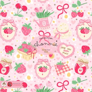 Op de afbeelding: Een naadloos roze en wit patroon met aardbeien, strikken, harten, bloemen en potten met aardbeienjam. De tekst "Love You Berry Much" is opgenomen in het patroon.