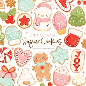 May include: An assortment of festive Christmas sugar cookies, featuring a snowman, star, mitten, and gingerbread man. The image includes the text "Christmas Sugar Cookies". The cookies are in various colours.