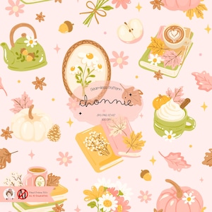 Puede incluir: Un patrón sin costuras con ilustraciones otoñales sobre un fondo rosa claro. El diseño incluye calabazas, libros, hojas, flores, bellotas y una tetera. El texto "chonnie" y los detalles de la imagen también están presentes.