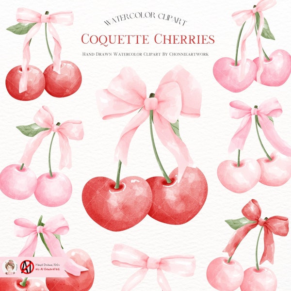Watercolor Coquette Cherries with Pink Bow, Gift bow clipart, Coquette Cherries Clipart, Fashion clipart, Decoration valentine sublimation