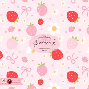 May include: A seamless pattern featuring pink and red strawberries, white daisies, and pink bows on a light pink background. The text "Seamless Pattern chonnie JPG PNG 10"x10" 300 DPI" is in the centre of the image.