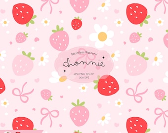 Coquette Strawberry Ribbon Seamless Pattern, Coquette Strawberry Seamless,Printable Repeat Digital Paper Background , PNG, JPG
